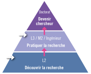 Image qui présente le parcours d'un étudiant qui se destine à la recherche en suivant les dispositifs Orion : de la découverte de la recherche en deuxième année, à la pratique de la recherche en deuxième cycle.